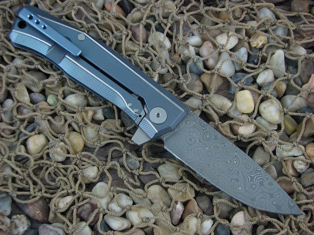 lionSteel Cutlery MYTO Framelock Blue Anodized Titanium Handles Chad Nichols Damascus Steel MT01DBL image 1