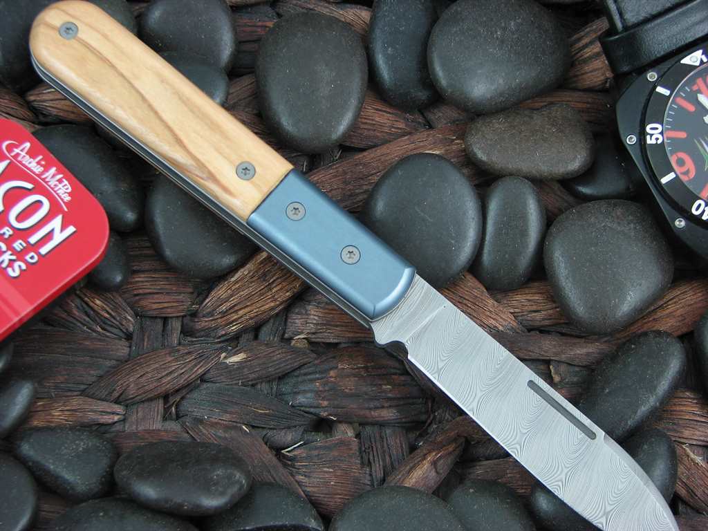 lionSteel Roundhead Spear Jack Blue Anodized Titanium Bolsters Olive Wood Handles Damasteel Super Dense Steel CK0111 image 1