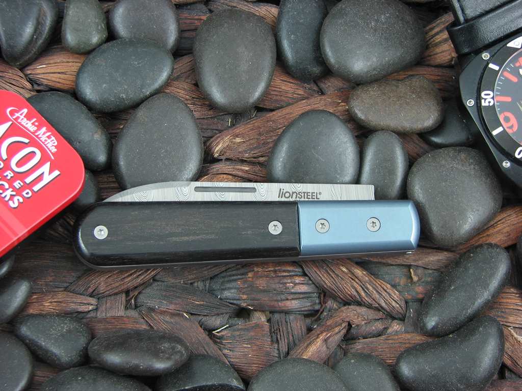 lionSteel Roundhead Spear Jack Blue Anodized Titanium Bolsters Ebony Wood Handles Damasteel Super Dense Steel CK0111 image 1