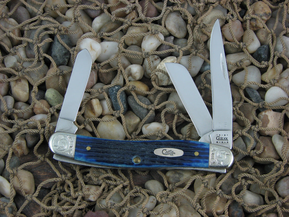 This is the Case Cutlery Medium Stockman, has Blue Jigged Bone handles and the blade steel is TruSharp.
