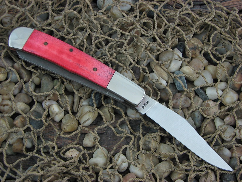 Parker Edwards Cutlery 1988 Red Smooth Bone Trapper with SS and Damascus steel  1423-2