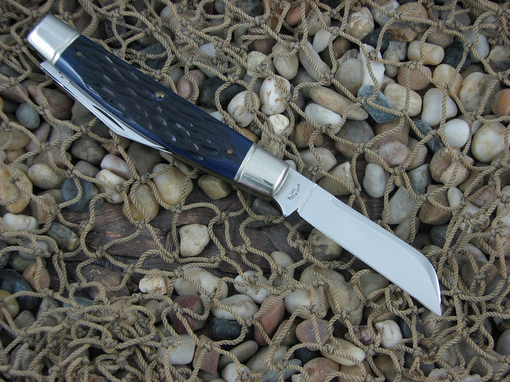 Schatt & Morgan 1997 Blue Jigged Bone Congress Whittler with 420HC steel O43431