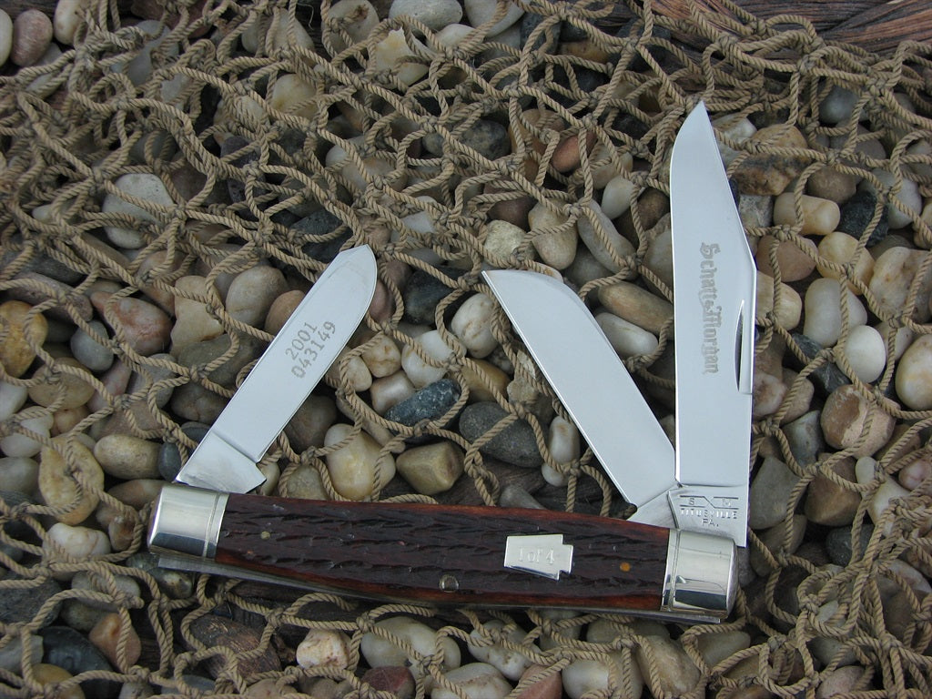 Schatt & Morgan 2001 Brown Jigged Bone Large Stockman with 420HC steel O43149 