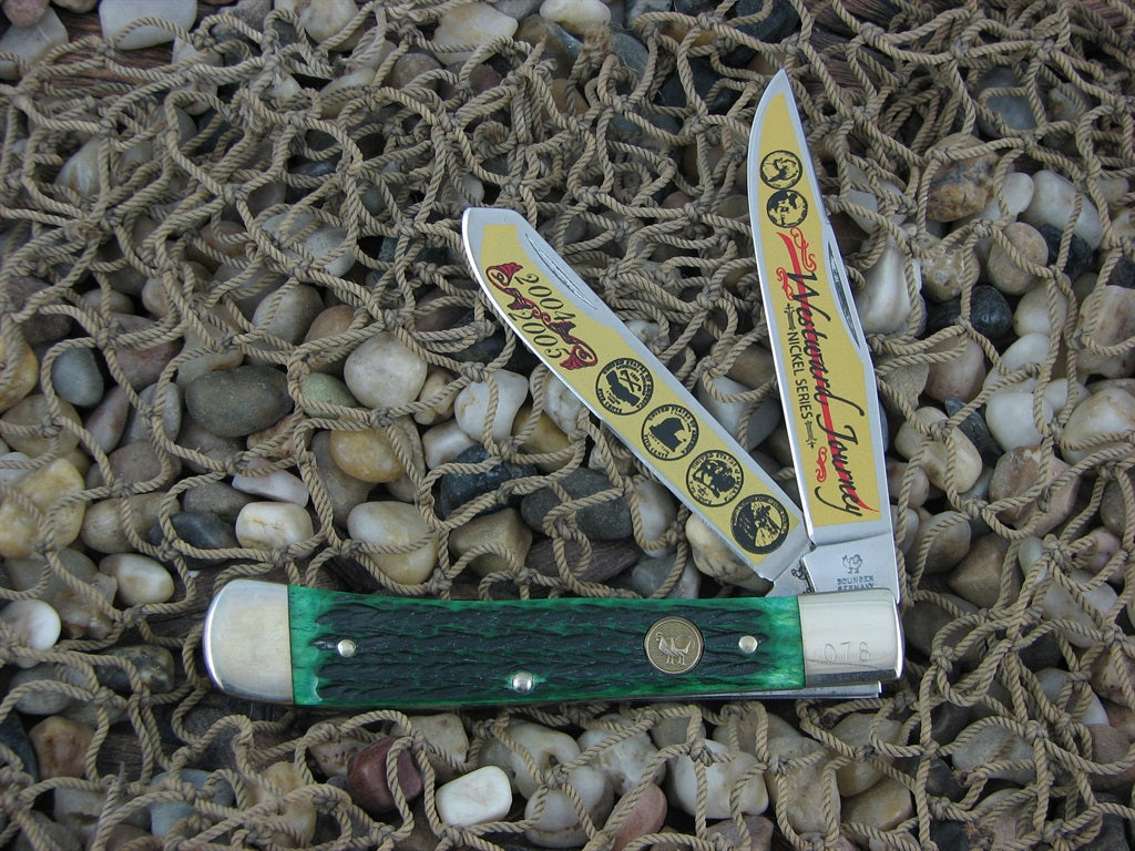 Hen & Rooster Cutlery 2005 Green Jigged Bone Trapper Nickel Series Model 312 312JGB