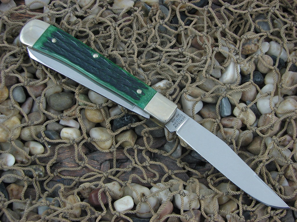 Hen & Rooster Cutlery 2005 Green Jigged Bone Trapper Nickel Series Model 312 312JGB