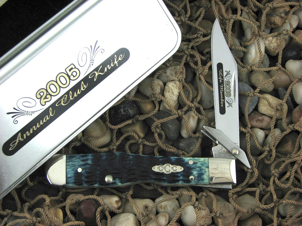 This is the Case Collectors Club Saddlehorn, has Mediterranean Blue Bone handles and Nickel Silver liners.  The blade steel is TruSharp and finish is Polished.