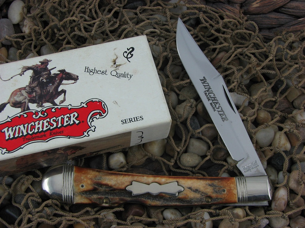 Winchester Knives 1989 Burnt Stag Banana Trapper with Carbon steel 1950 