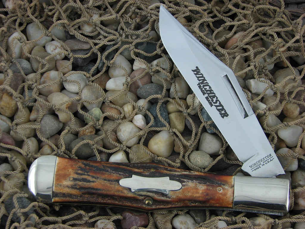 Winchester Knives 1991 Burnt Stag Large Coke Bottle with Carbon steel 1920S