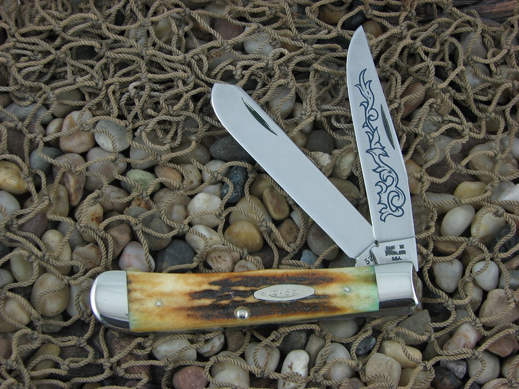 Case Cutlery 1977 Burnt Stag Trapper with TruSharp steel 5254 Blue Scroll