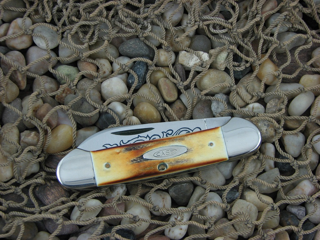 Case Cutlery 1977 Burnt Stag Canoe with TruSharp steel 52131 Blue Scroll