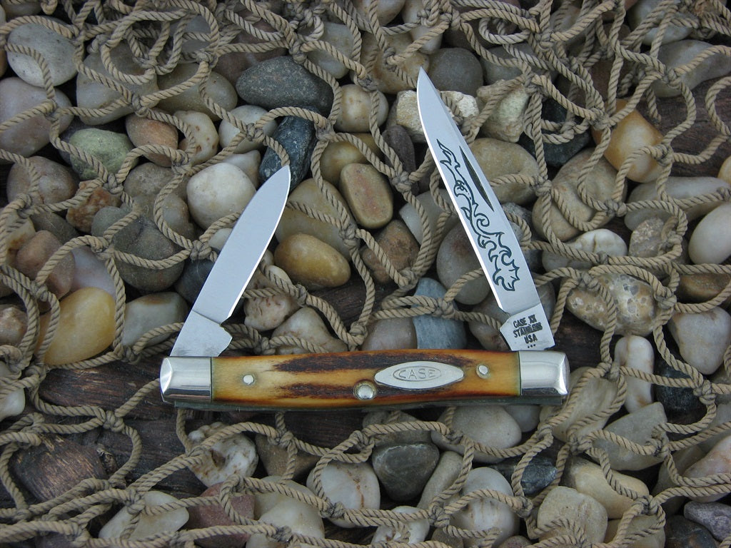 Case Cutlery 1977 Burnt Stag Pen Knife with TruSharp steel 5233 Blue Scroll