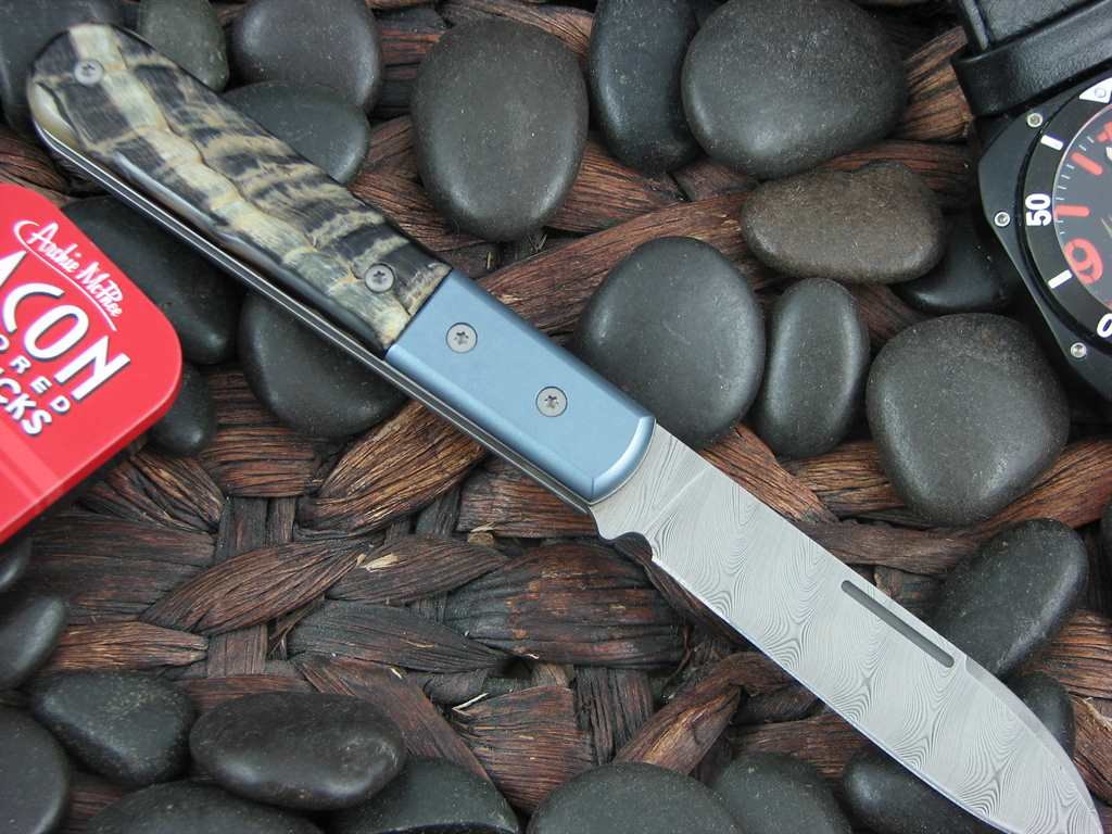 lionSteel Roundhead Spear Jack Blue Anodized Titanium Bolsters Rams Horn Handles Damasteel Super Dense Steel CK0111 image 1